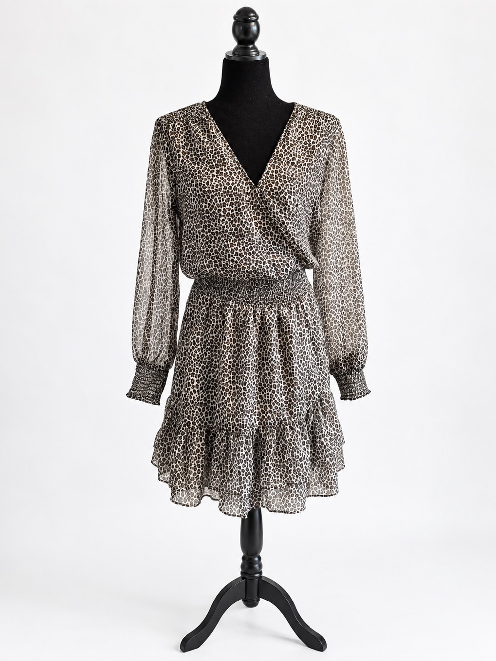 MICHAEL Michael Kors Beige and Black Leopard Print Long Sleeve Mini Dress